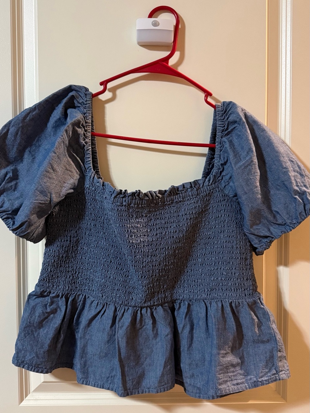 J. Crew Denim-Blue Smocked Puff-Sleeve Crop Top